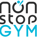 Texte non stop écrit en lettres minuscules noires et gym écrit en lettres majuscules bleu clair