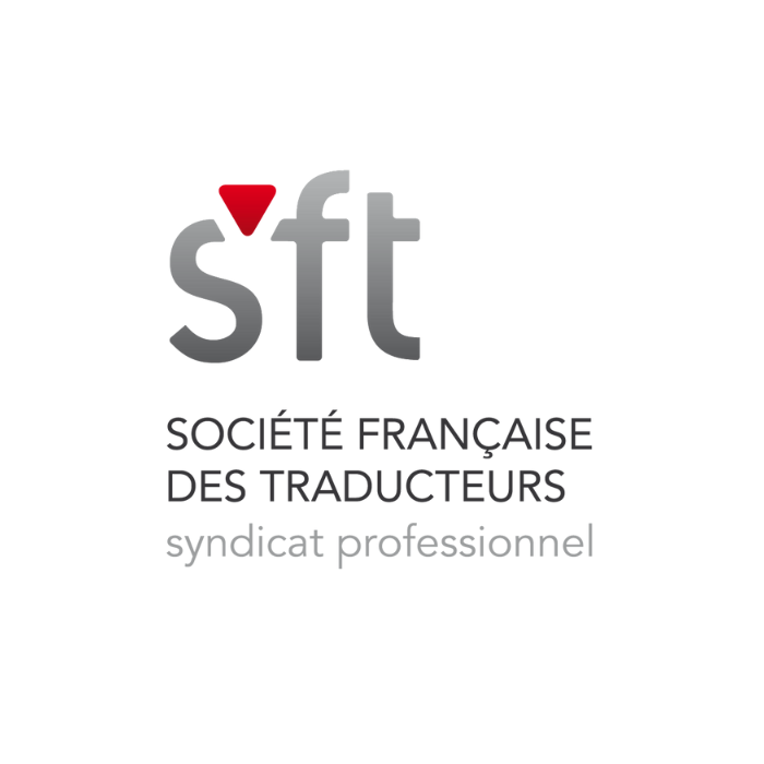 Logo SFT en gris, suivi du texte "Société française des traducteurs" et syndicat professionnel