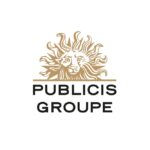 Les mots "Publicis groupe" sont écrits en lettres noires majuscules en dessous d'une tête de lion stylisée beige.