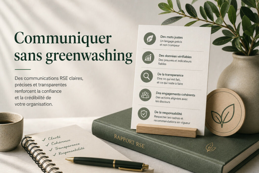 Communiquer sans greenwashing. Des communications RSE claires, précises et transparentes renforcent la confiance et la crédibilité de votre organisation. Image générée avec l'IA.