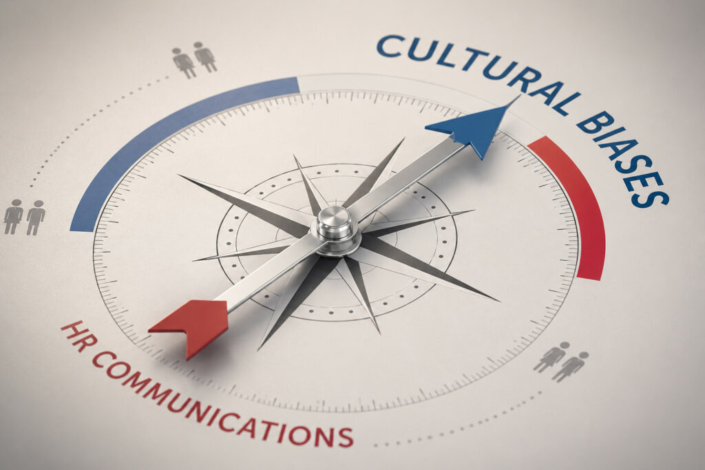 Conceptual compass pointing toward the words “Cultural Biases,” with French tricolor elements and HR-themed icons, symbolizing navigation of cultural challenges in French HR communications.